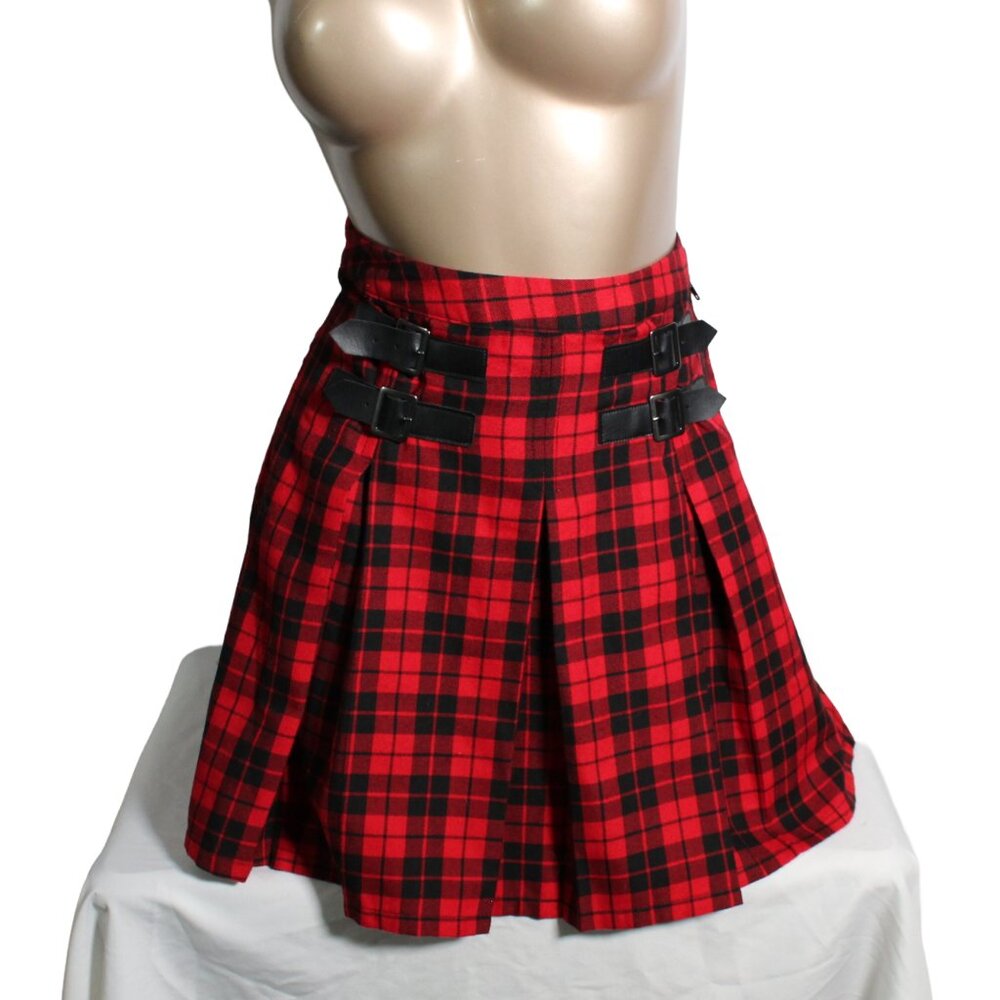 Hot Topic Red Plaid Pleated Skirt Small Faux Leather Belts Punk Goth